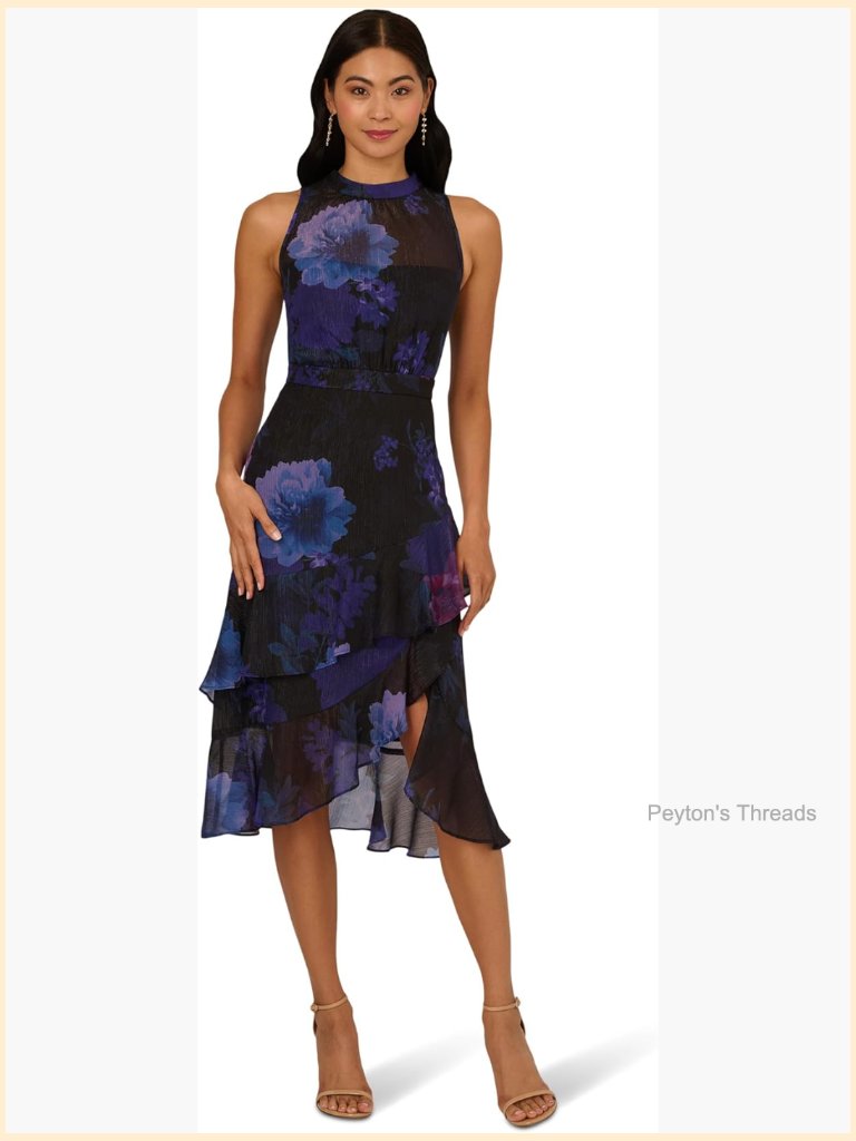 Halter Midi Dress With Floral Pattern And Zipper Back